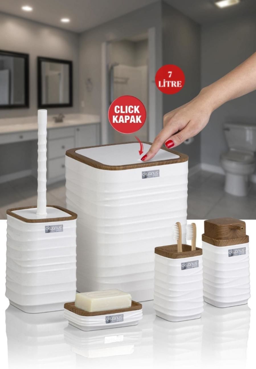 Okyanus Home Luna Beyaz Ahşap Desenli Kare 5'li Banyo Seti