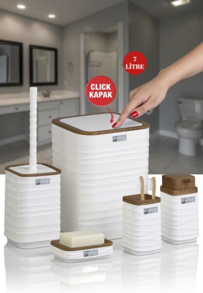 Okyanus Home Luna Beyaz Ahşap Desenli Kare 5'li Banyo Seti