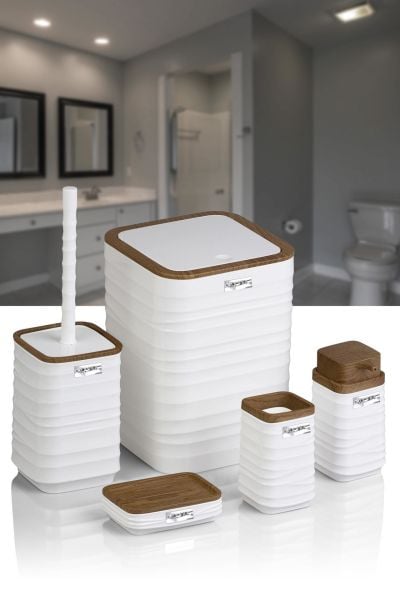 Okyanus Home Luna Beyaz Ahşap Desenli Kare 5'li Banyo Seti