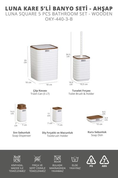 Okyanus Home Luna Beyaz Ahşap Desenli Kare 5'li Banyo Seti