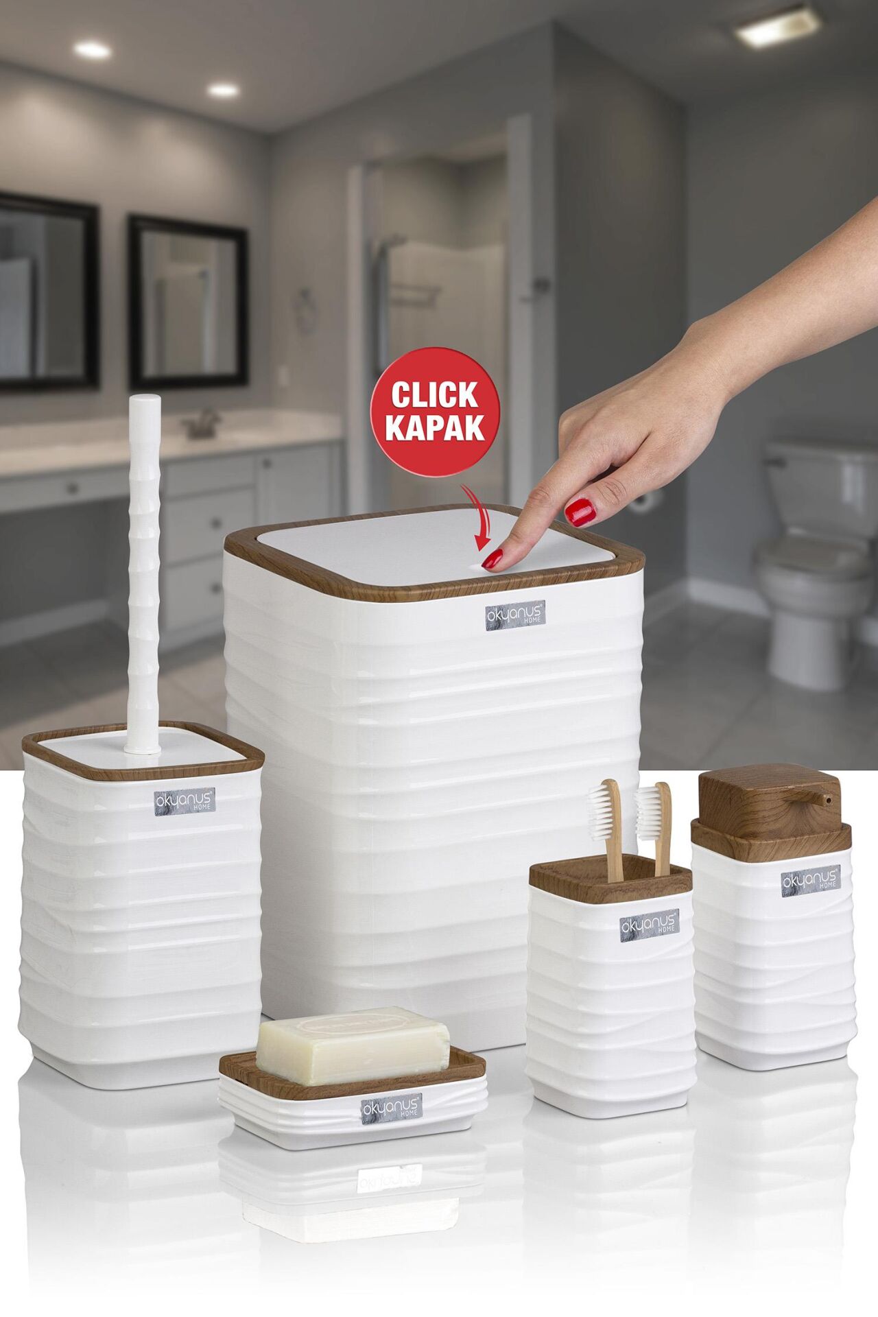 Okyanus Home Luna Beyaz Ahşap Desenli Kare 5'li Banyo Seti