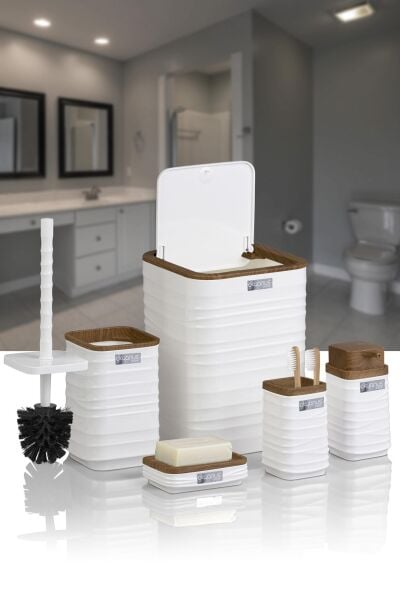 Okyanus Home Luna Beyaz Ahşap Desenli Kare 5'li Banyo Seti