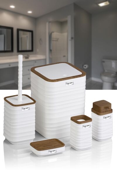 Okyanus Home Luna Beyaz Ahşap Desenli Kare 5'li Banyo Seti