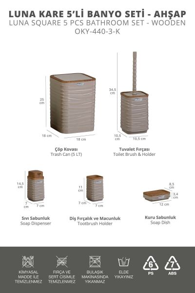 Okyanus Home Luna Vizon Ahşap Desenli Kare 5'li Banyo Seti