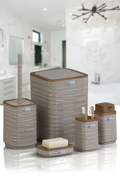 Okyanus Home Luna Vizon Ahşap Desenli Kare 5'li Banyo Seti
