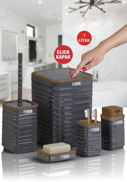 Okyanus Home Luna Antrasit Ahşap Desenli Kare 5'li Banyo Seti