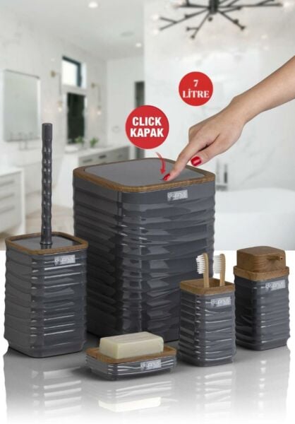 Okyanus Home Luna Antrasit Ahşap Desenli Kare 5'li Banyo Seti