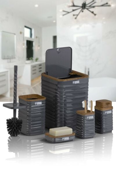 Okyanus Home Luna Antrasit Ahşap Desenli Kare 5'li Banyo Seti