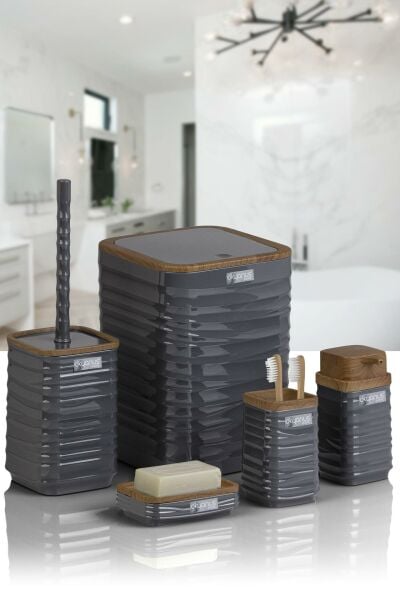 Okyanus Home Luna Antrasit Ahşap Desenli Kare 5'li Banyo Seti