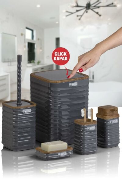 Okyanus Home Luna Antrasit Ahşap Desenli Kare 5'li Banyo Seti