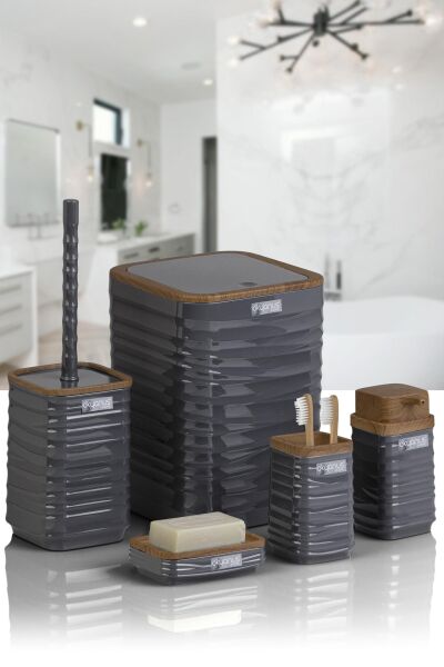 Okyanus Home Luna Antrasit Ahşap Desenli Kare 5'li Banyo Seti