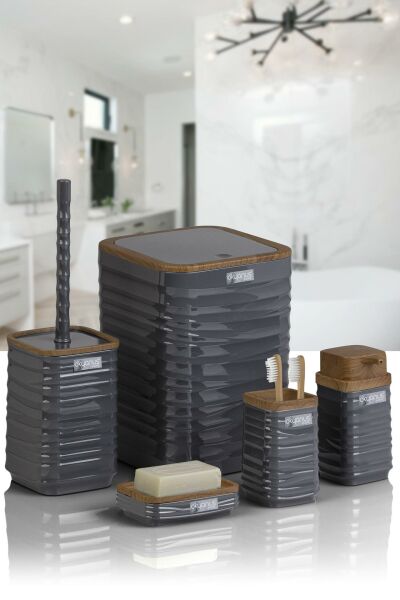 Okyanus Home Luna Antrasit Ahşap Desenli Kare 5'li Banyo Seti