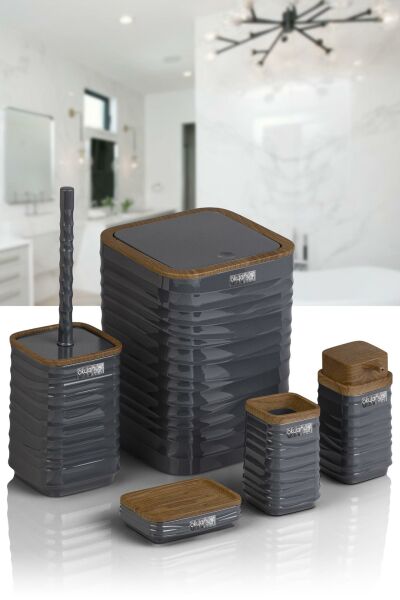 Okyanus Home Luna Antrasit Ahşap Desenli Kare 5'li Banyo Seti