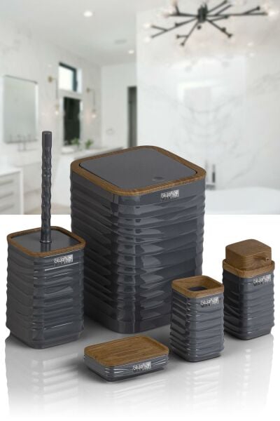 Okyanus Home Luna Antrasit Ahşap Desenli Kare 5'li Banyo Seti