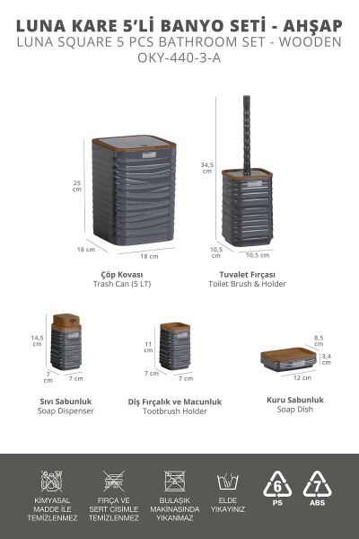 Okyanus Home Luna Antrasit Ahşap Desenli Kare 5'li Banyo Seti