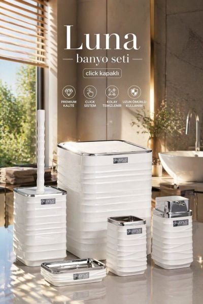 Okyanus Home Luna Beyaz Kromlu Kare 5'li Banyo Seti