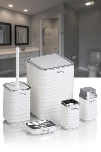 Okyanus Home Luna Beyaz Kromlu Kare 5'li Banyo Seti