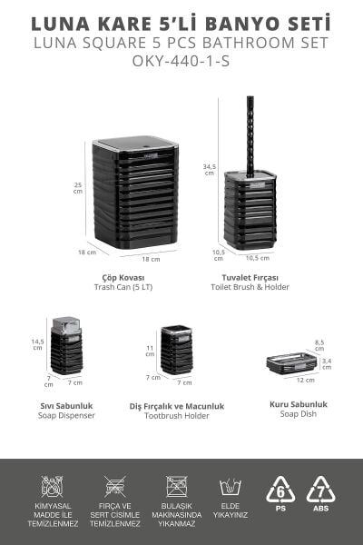 Okyanus Home Luna Siyah Kromlu Kare 5'li Banyo Seti