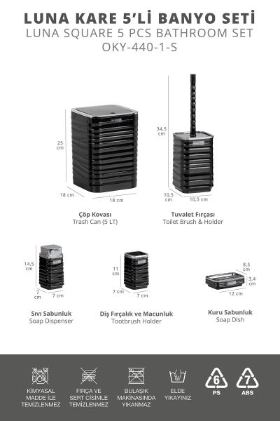 Okyanus Home Luna Siyah Kromlu Kare 5'li Banyo Seti