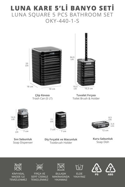 Okyanus Home Luna Siyah Kromlu Kare 5'li Banyo Seti