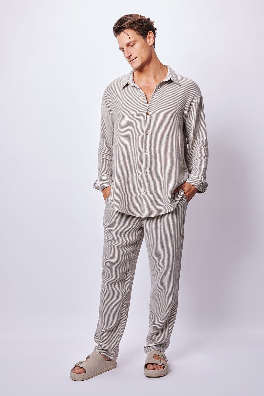 Çizgili Muslin Comfort Gömlek&Pantolon Takım