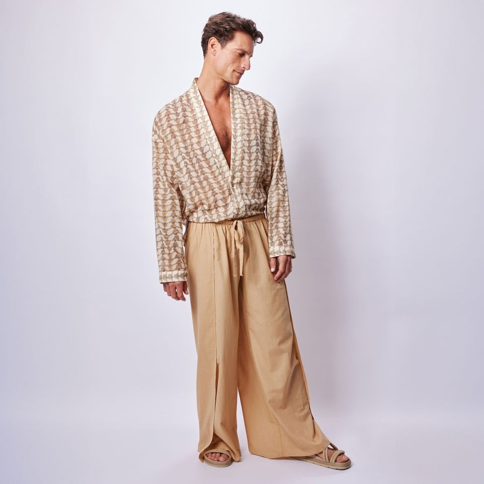 Chevron Voile Kimono Bej Pantolon Set