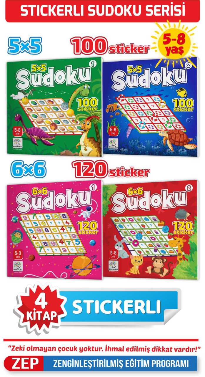 5-8 Yaş Stickerlı Sudoku Seti (Dikkat ve Zeka Geliştiren Bulmacalar Serisi, 440 Adet Çıkartma)