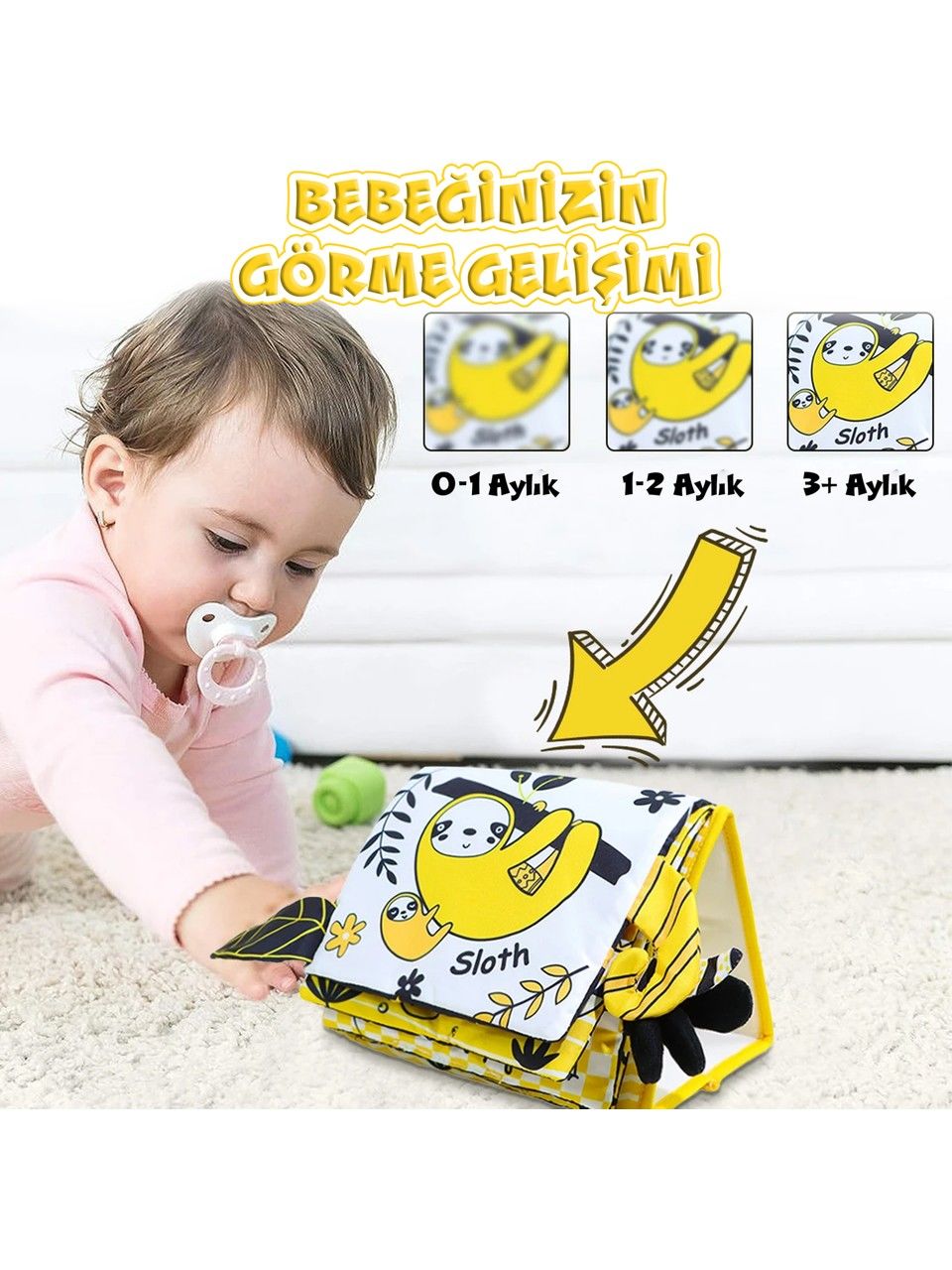 Tummy Time Hışırtılı Yumuşak Bez Aktivite Kitabı - Sarı Beyaz