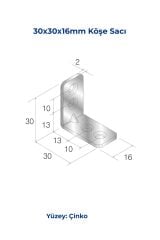 Mesan Köşe Sacı 2mm 16x30x30mm Çinko