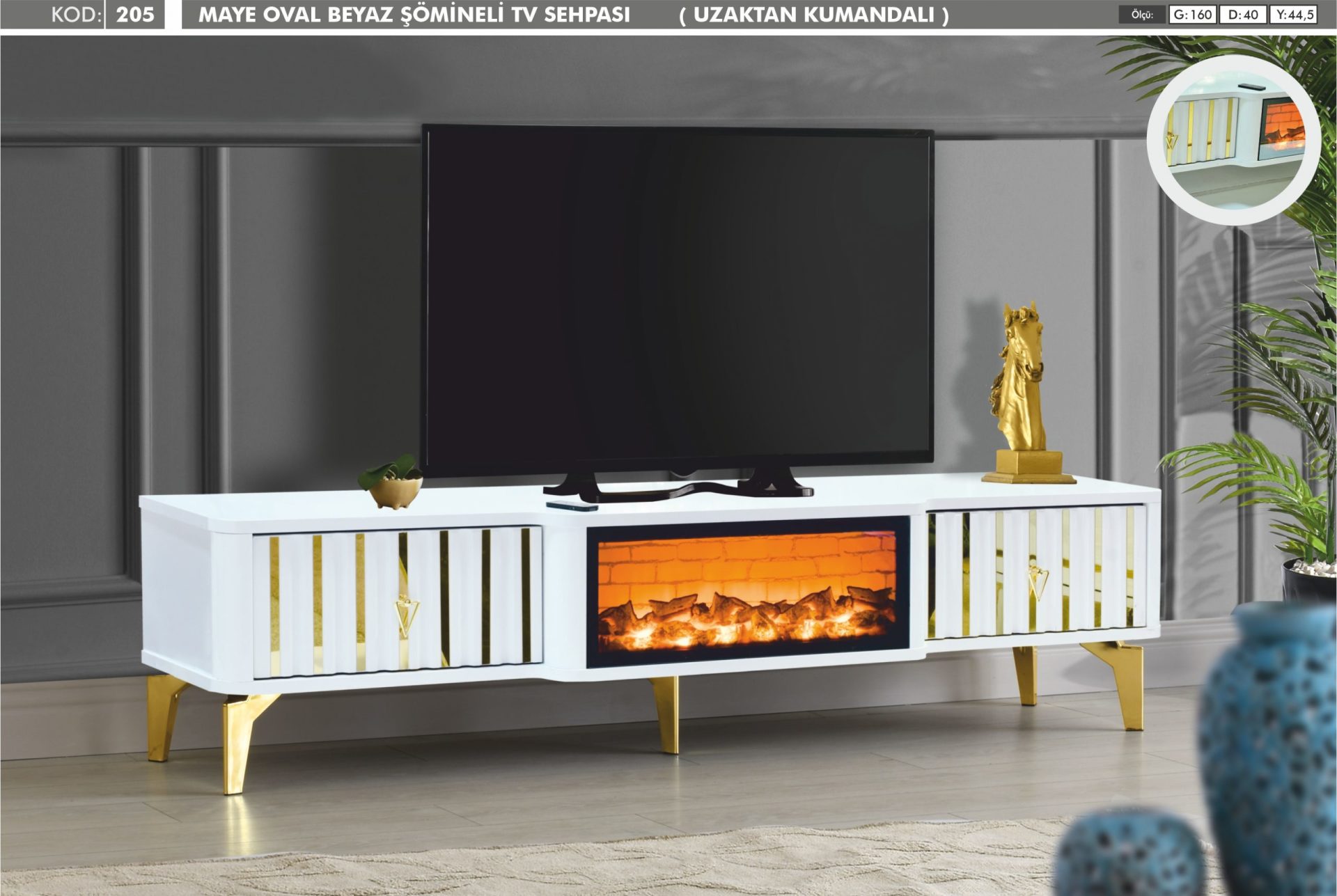 Maye Oval Gold Detaylı Beyaz Şömineli Televizyon(TV) Sehpası Uzaktan Kumandalı