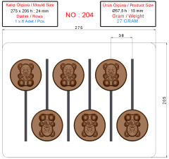 0204 - Yuvarlak Ayıcık Kabartmalı Lolipop Çikolata Kalıbı
