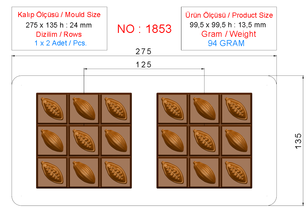 1853 - Tablet Çikolata Polikarbonat Kalıbı