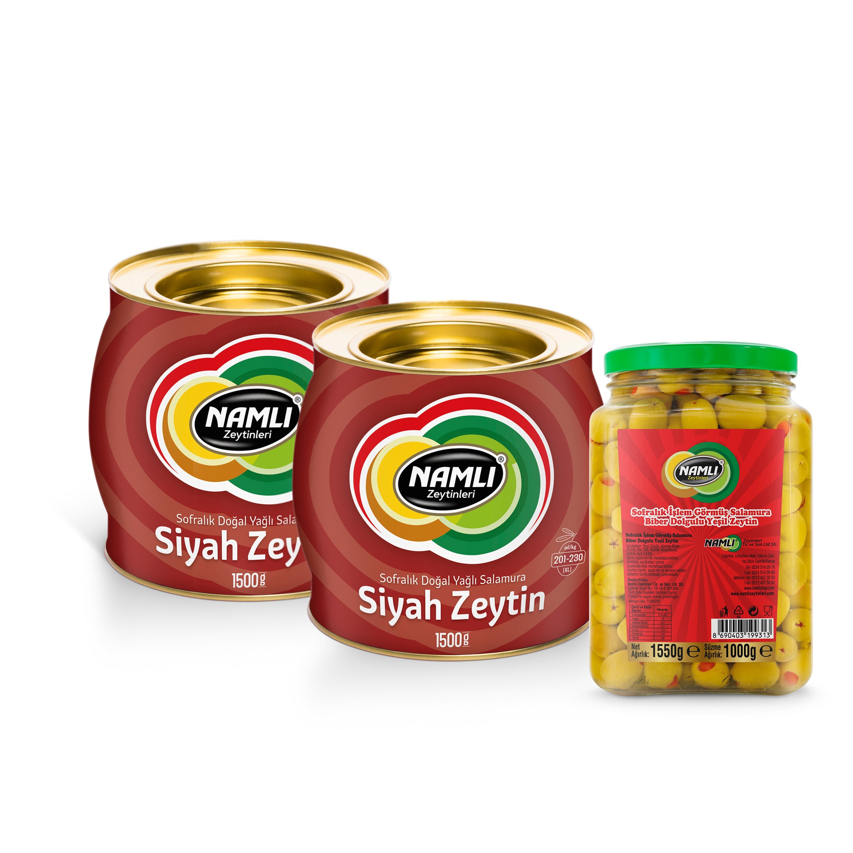 2ADET-1500 gr-Kırmızı Fıçı Salamura Siyah Zeytin + Biberli Yeşil Zeytin