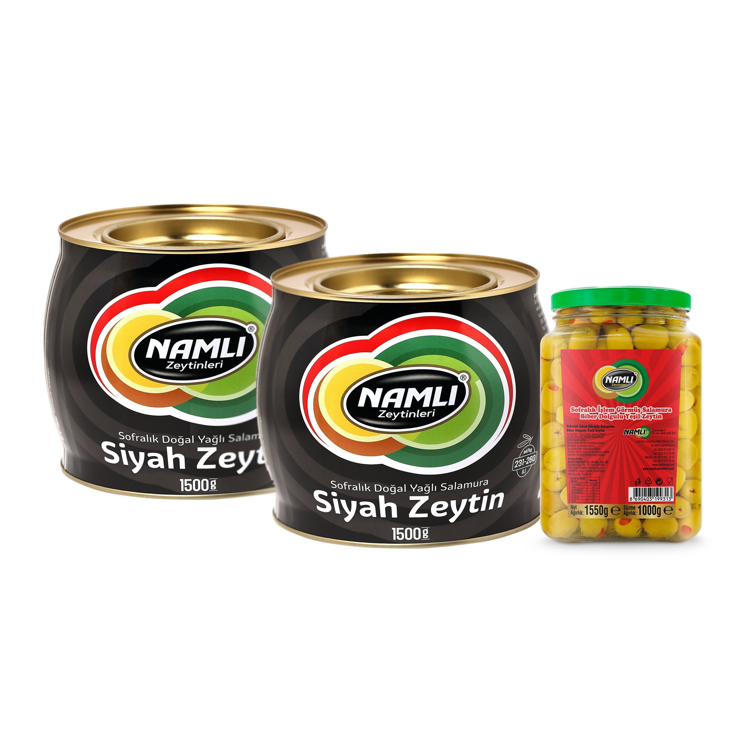 2ADET-1500 gr- Salamura Siyah Zeytin + Biber Dolgulu Yeşil Zeytin