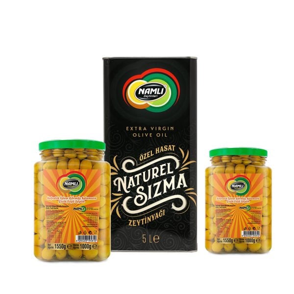 Soğuk Sıkım Black serisi Naturel Sızma Zeytinyağı - 5 litre + 2 x Edremit Çizik Yeşil Zeytin -1 Kg