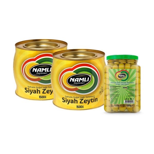 2ADET-1500 gr-Sarı Fıçı Salamura Siyah Zeytin + Domat Kırma Yeşil Zeytin