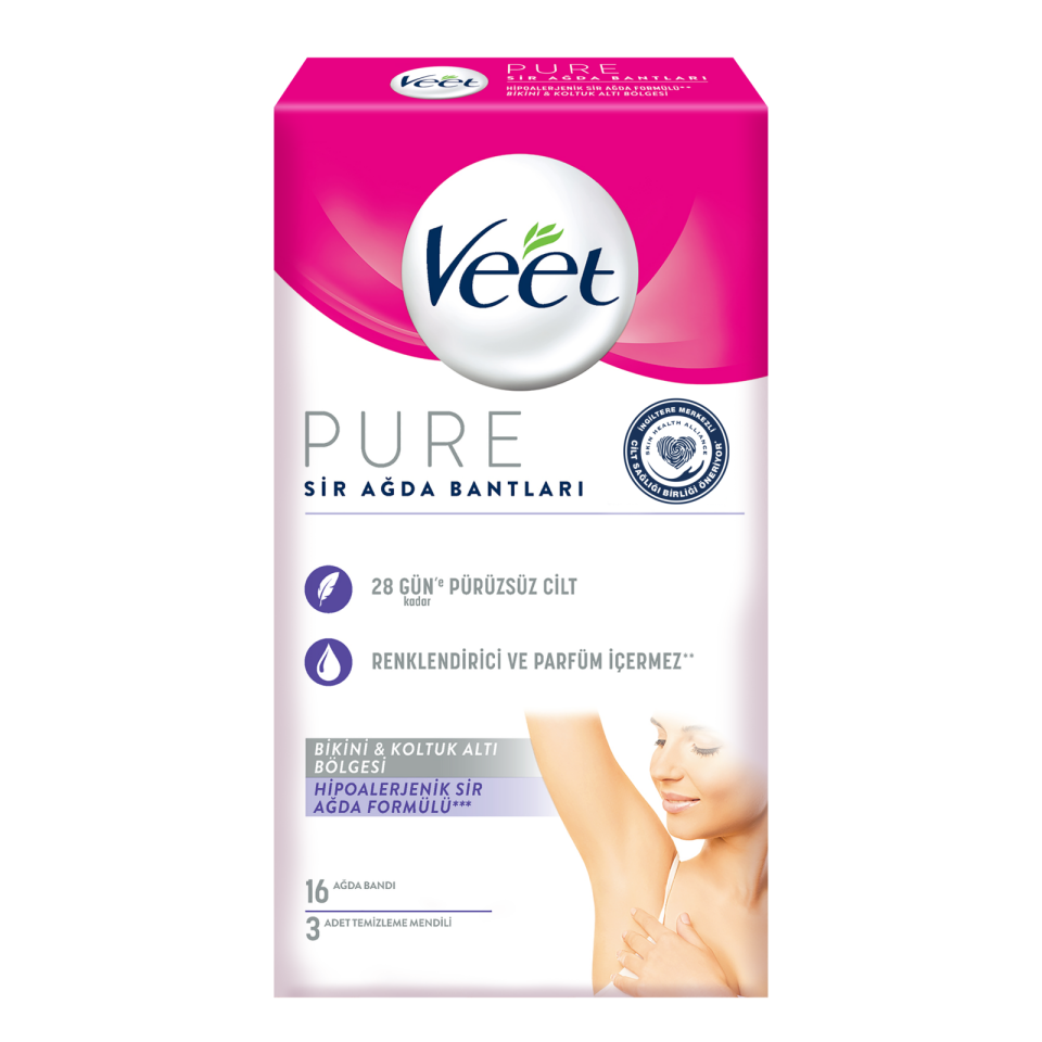 Veet Pure Bikini Bölgesi ve Koltuk Altı İçin Hipoalerjenik Sir Ağda Bandı 16'lı + 3 Adet Temizleme Mendili Hediye