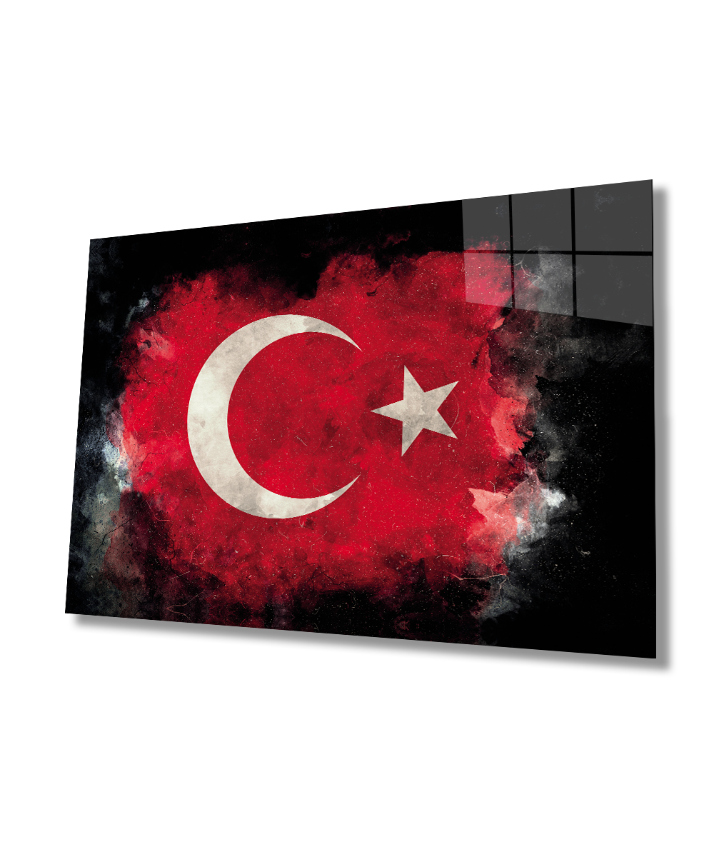 Siyah Fonlu Türk Bayrağı Ay Yıldız Cam Siyah Fon Black Background Turkish Flag Crescent and Star Glass Wall Art