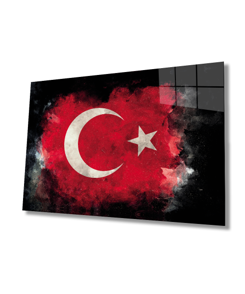 Siyah Fonlu Türk Bayrağı Ay Yıldız Cam Siyah Fon Black Background Turkish Flag Crescent and Star Glass Wall Art