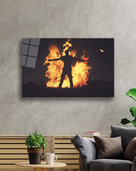 Ateş ve Adam Cam Tablo 4mm Dayanıklı Temperli Cam Fire Glass Painting