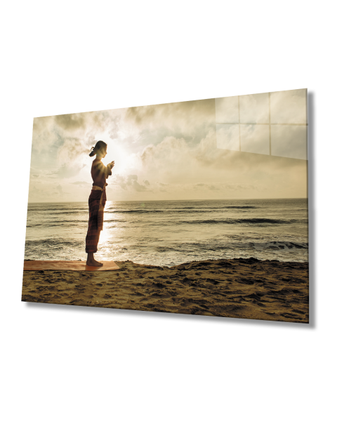 Gün Batımı Sahilde Yoga Yapan Kadın  Cam Tablo  4mm Dayanıklı Temperli Cam Woman Practicing Yoga on the Beach at Sunset Glass Table 4mm Durable Tempered Glass