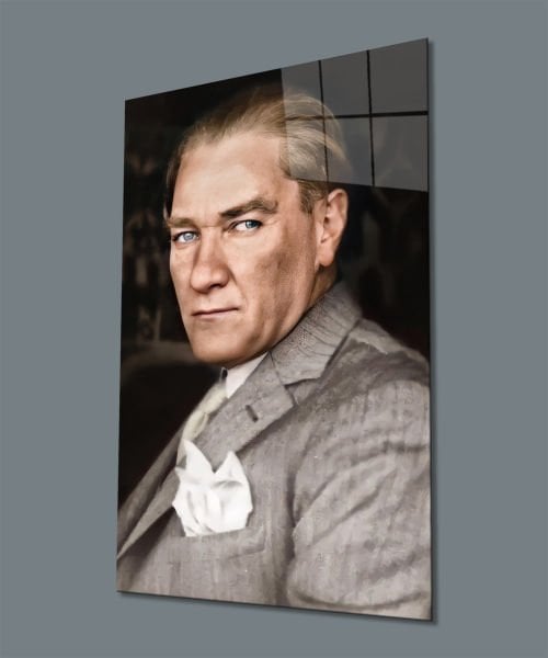 Atatürk Portre Dikey Cam Tablo Hediyelik Büyük Tablo Ev Ofis Dekoru