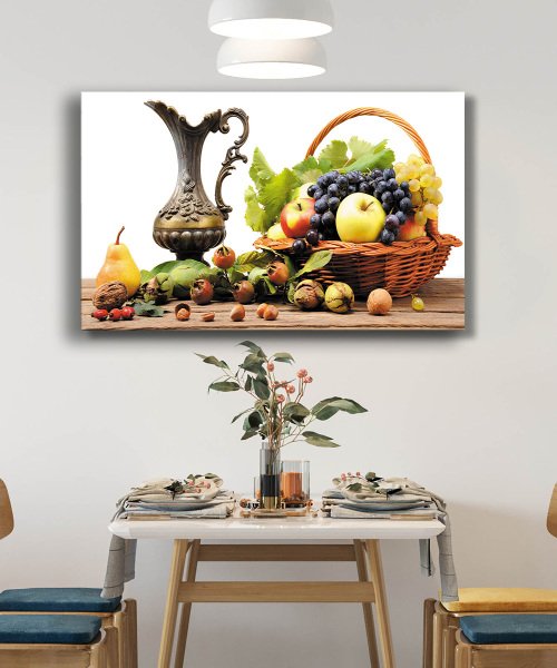 Sepette Meyveler Natürmort Mutfak  Cam Tablo  4mm Dayanıklı Temperli Cam Fruits in a Basket Still Life Kitchen Glass Wall Art