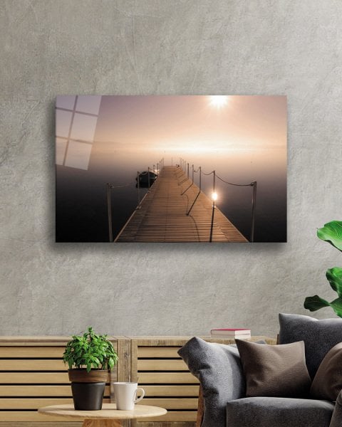Gün Batımı İskele Manzara Cam Tablo  4mm Dayanıklı Temperli Cam Sunset Pier Landscape Glass Table 4mm Durable Tempered Glass