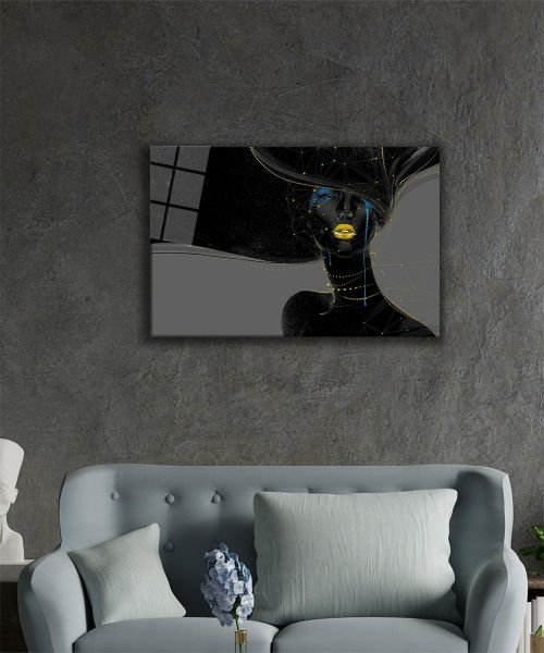 Kadın Siyah Yıldızlar ve Saçlar Cam Tablo  4mm Dayanıklı Temperli Cam,Women Black Star Hair Glass Wall Art