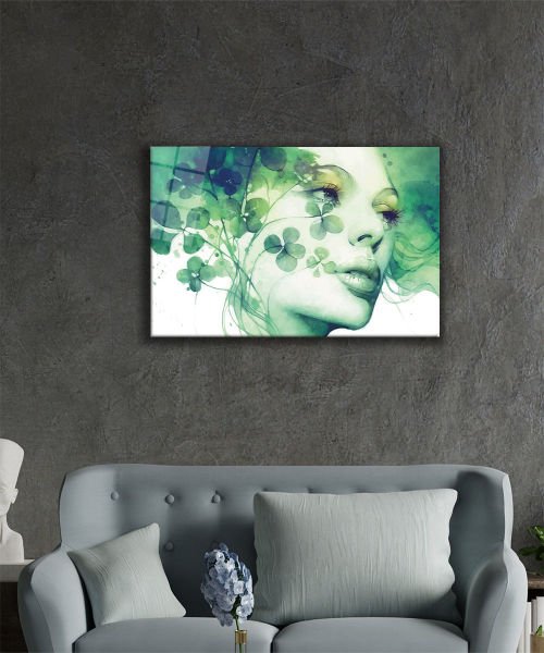 Yonca Saçlı Kadın Cam Tablo  4mm Dayanıklı Temperli Cam, Clover Haired Woman Glass Wall Art