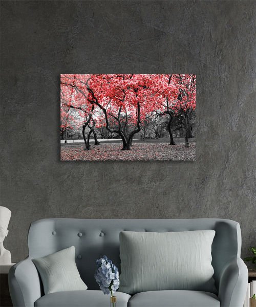 Kırmızı Ağaçlar Tablo 4mm Dayanıklı Temperli Cam  Brown Trees Starry Sky Glass Painting