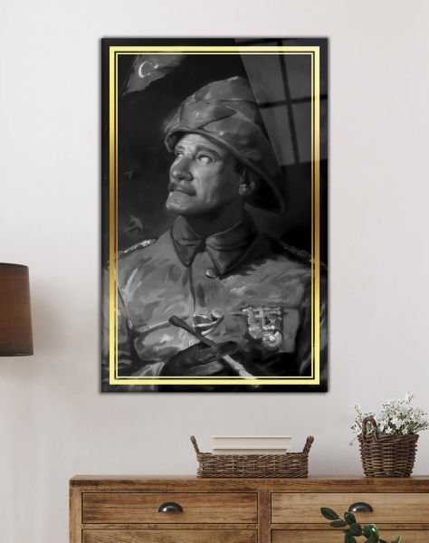 Atatürk Portre Siyah Beyaz Dikey Cam Tablo Hediyelik Büyük Tablo Ev Ofis Dekoru