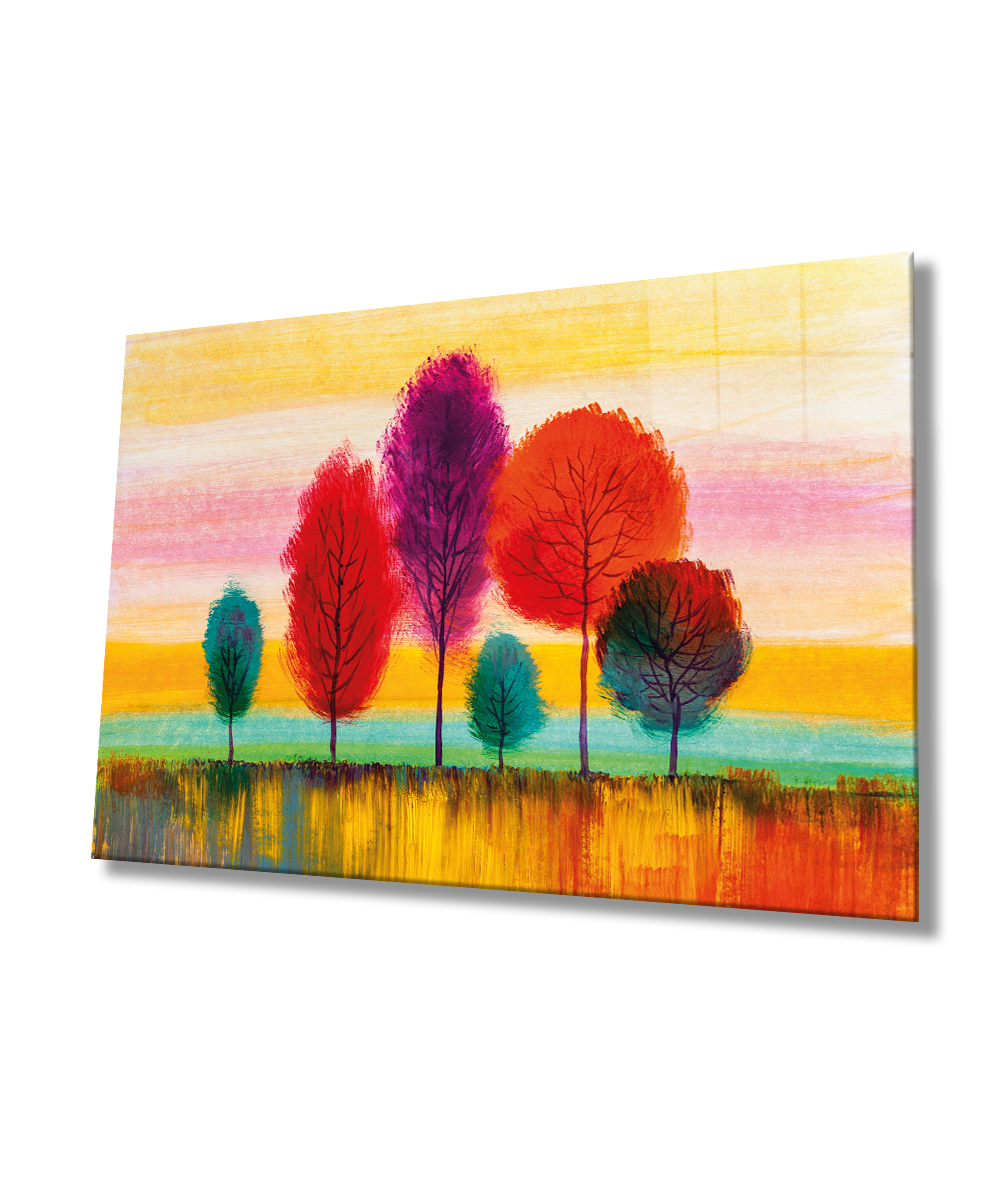 Renkli Ağaçlar Tablo 4mm Dayanıklı Temperli Cam  Brown Trees Starry Sky Glass Painting