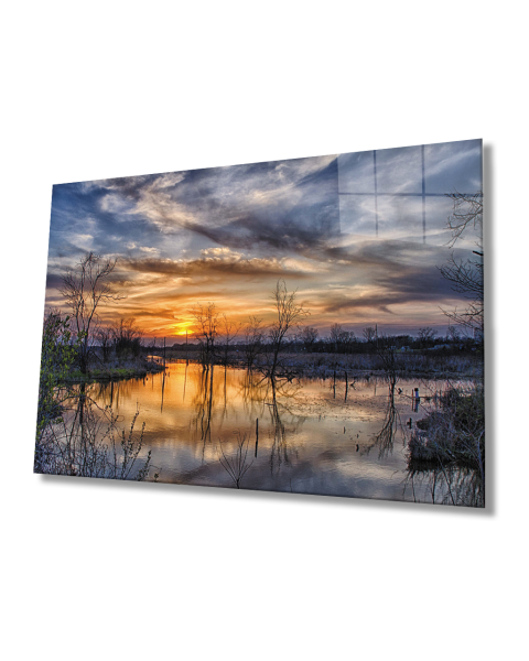 Gün Batımı Manzarası Ağaçlar ve Yansıma Cam Tablo  4mm Dayanıklı Temperli Cam Sunset Landscape Trees and Reflection Glass Table 4mm Durable Tempered Glass